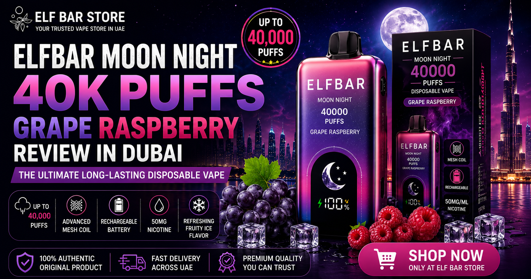 ELFBAR Moon Night 40k Puffs Grape Raspberry Review in Dubai