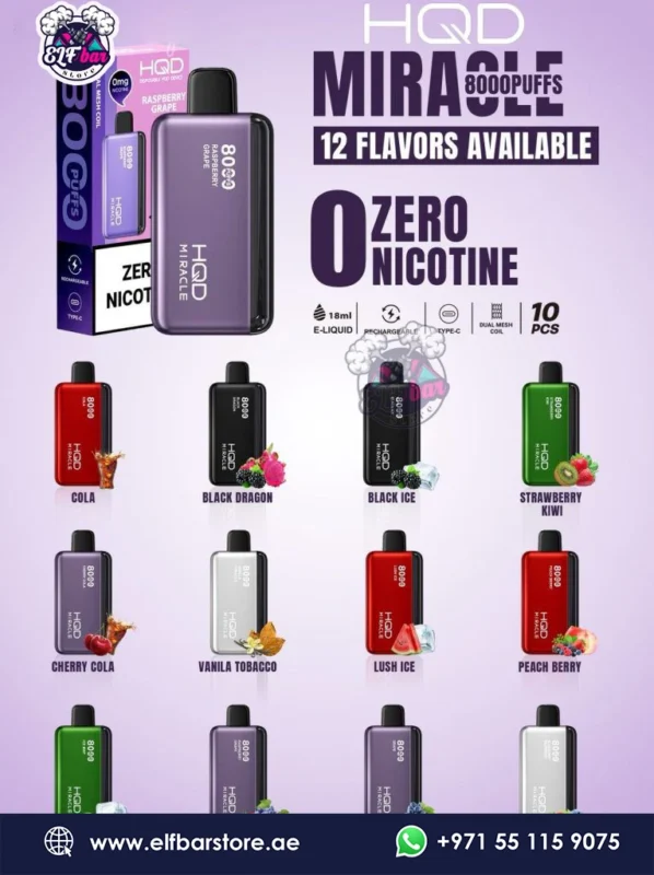 HQD Miracle 8000 Puffs Zero Nicotine Vape in Dubai
