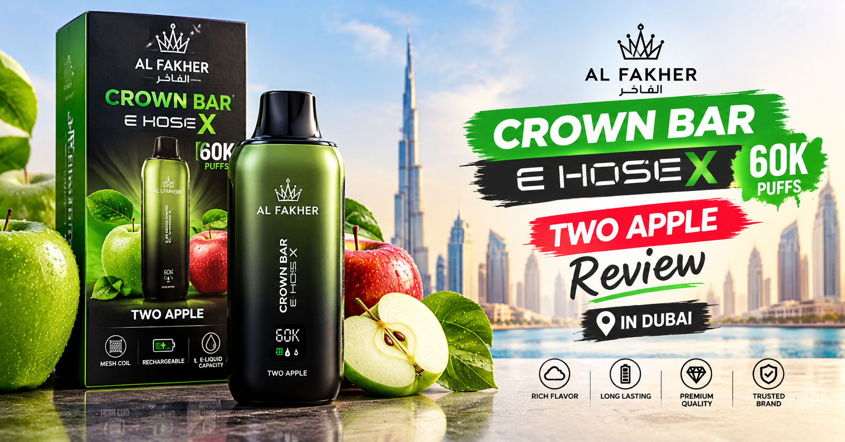Al Fakher Crown Bar E Hose X 60k Puffs Two Apple Review in Dubai
